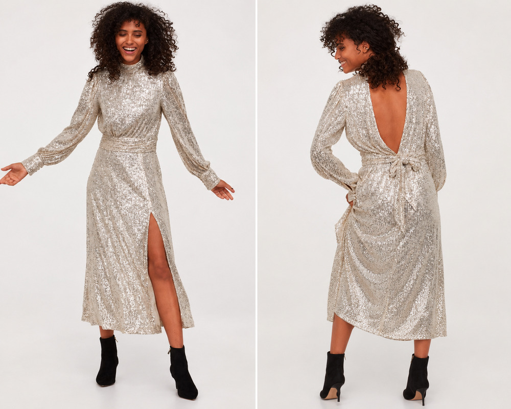 H&M Silver Sequined Midi Party Dress Mock Neck Long Sleeve Front Slit Womens S